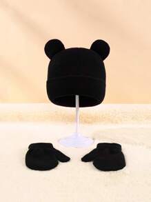 1pc Baby Solid Hat & 1pair Gloves - Black - View 2
