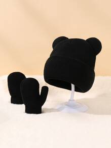 1pc Baby Solid Hat & 1pair Gloves - Black - View 3