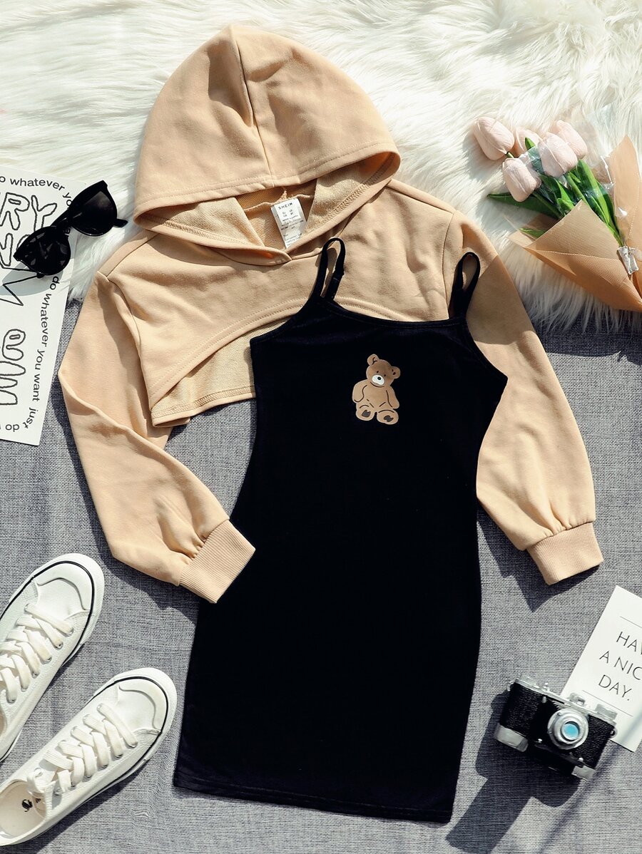 SHEIN Tween Girl Super Crop Hoodie & Bear Print Cami Dress