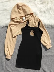 SHEIN Tween Girl Super Crop Hoodie & Bear Print Cami Dress