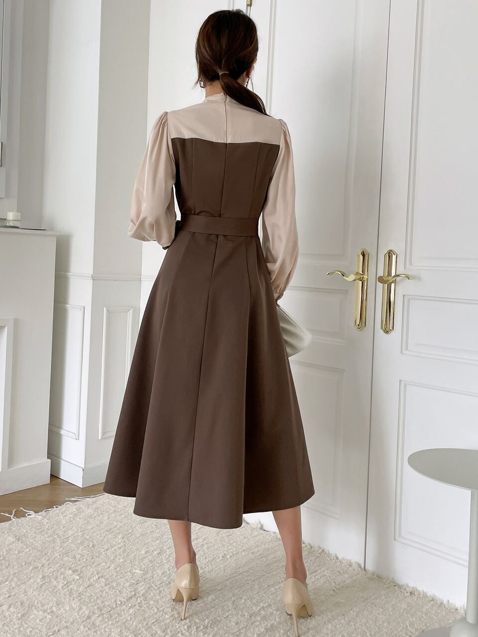 Two Tone Puff Sleeve Belted Dress