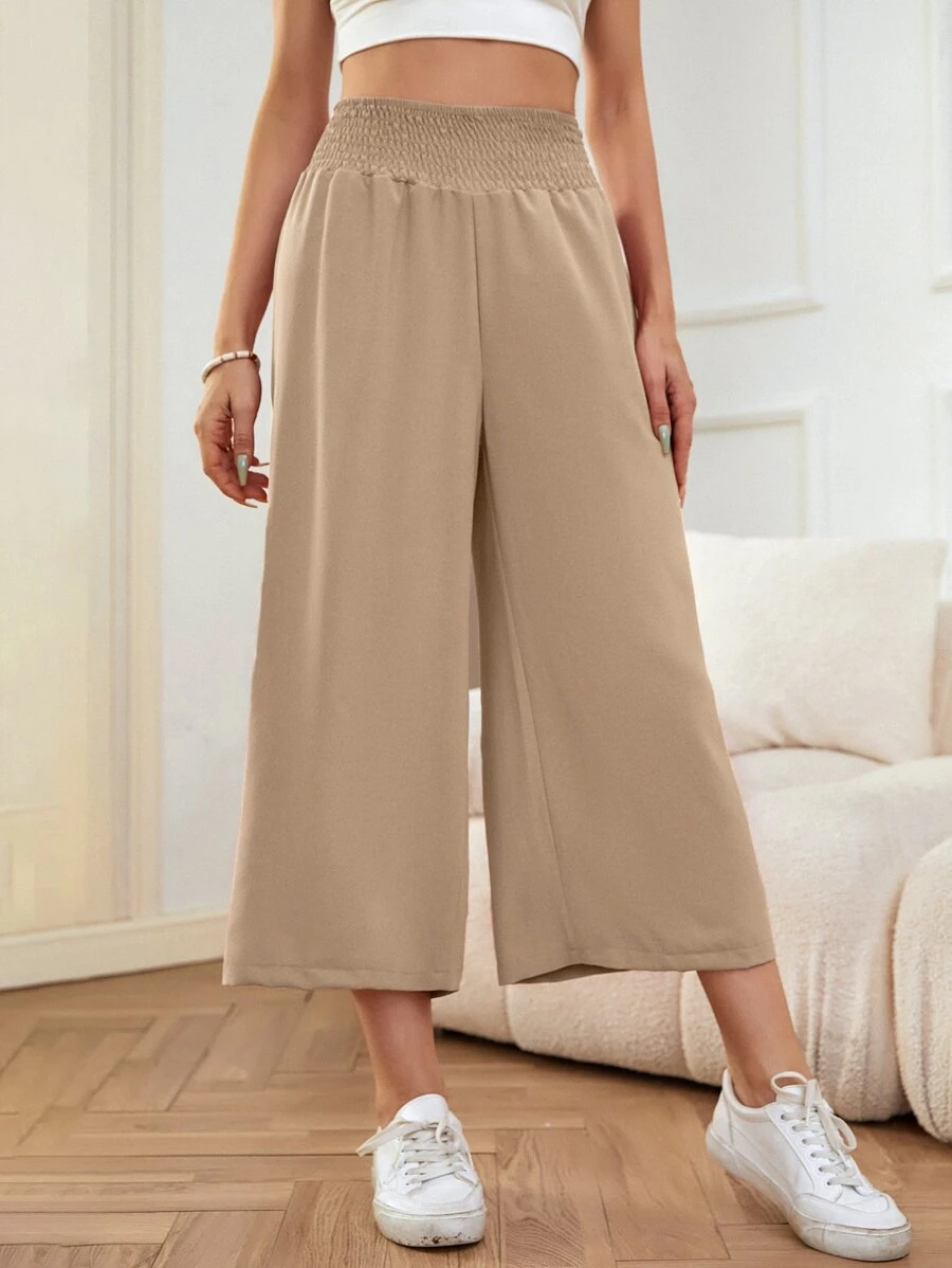 SHEIN LUNE Shirred Waist Wide Leg Pants - Khaki - View 1