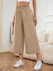 SHEIN LUNE Shirred Waist Wide Leg Pants - Khaki - View 4