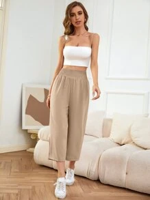 SHEIN LUNE Shirred Waist Wide Leg Pants - Khaki - View 5
