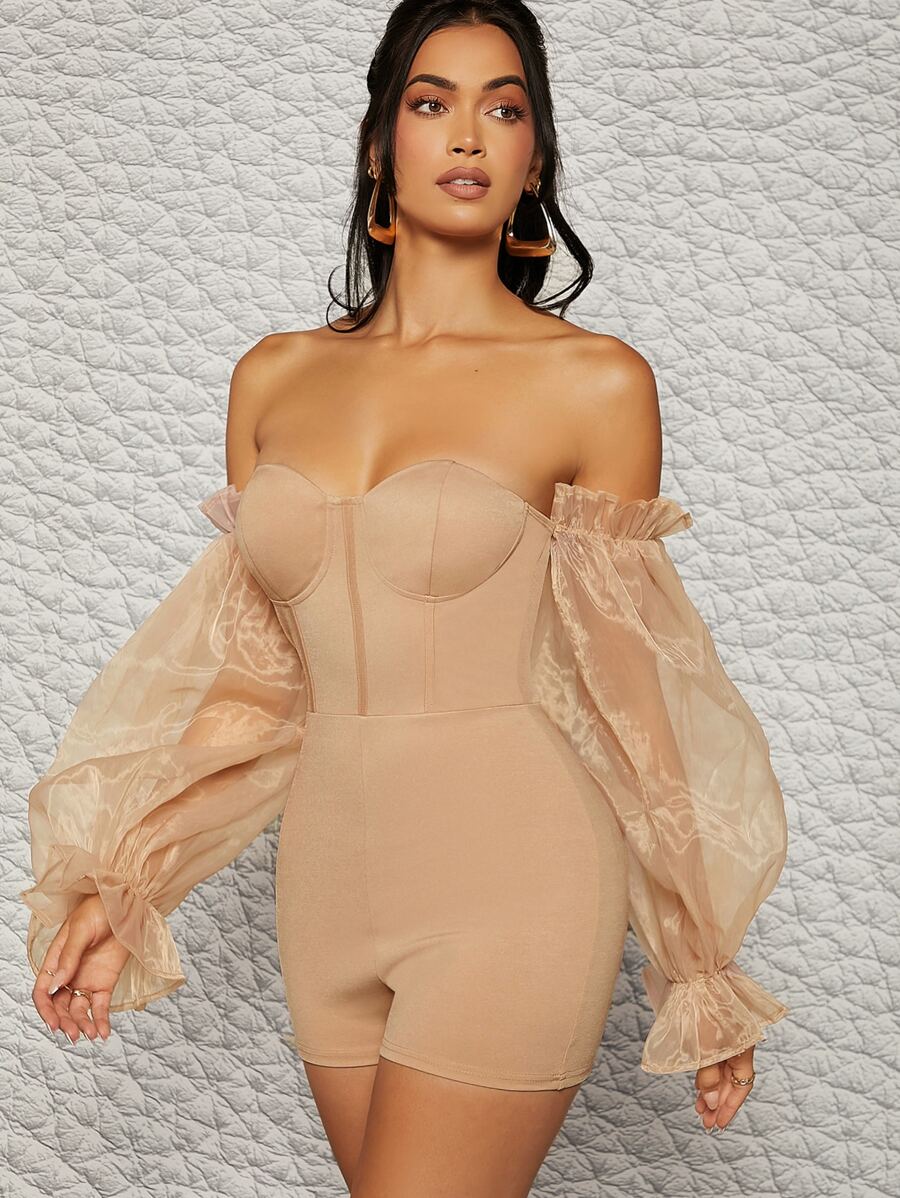 Mono de hombros descubiertos Corsé de organdí puño con fruncido - Caqui - Ver 1