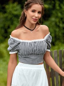 SHEIN Off Shoulder Puff Sleeve Gingham Top - Black and White - View 2