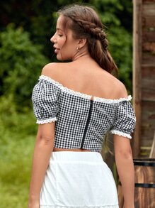 SHEIN Off Shoulder Puff Sleeve Gingham Top - Black and White - View 6