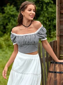 SHEIN Off Shoulder Puff Sleeve Gingham Top - Black and White - View 3