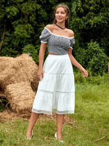 SHEIN Off Shoulder Puff Sleeve Gingham Top - Black and White - View 4