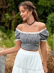 SHEIN Off Shoulder Puff Sleeve Gingham Top - Black and White - View 5