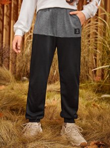 SHEIN Boys Letter Patched Two Tone Joggers - Black - View 6
