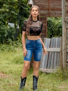 SHEIN Unity Sheer Lace Crop Top Without Bra - Black - View 5