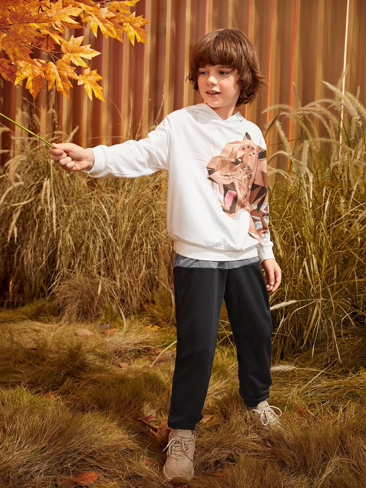 SHEIN 十幾歲男孩字母貼花雙色時尚休閒褲，適用於春秋季節的日常穿著 - 黑色 - 查看 8