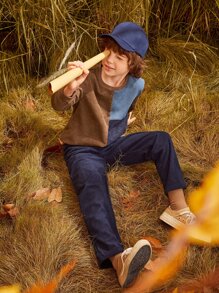 SHEIN Boys Drop Shoulder Colorblock Pullover - Multicolor - View 10