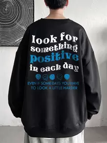 Claim Dot Men Plus Cartoon & Slogan Graphic Drop Shoulder Sweatshirt - Black - View 1