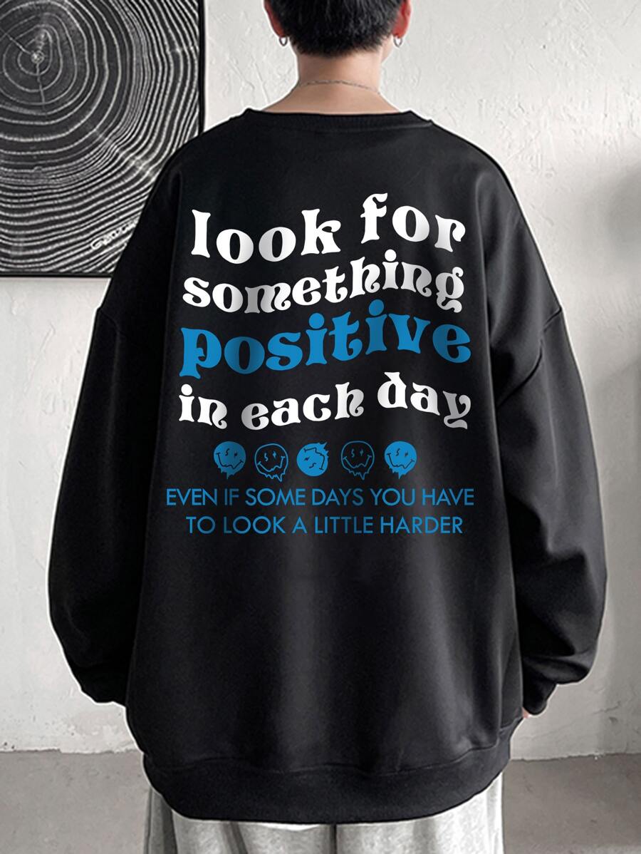 Claim Dot Men Plus Cartoon & Slogan Graphic Drop Shoulder Sweatshirt - Black - View 1