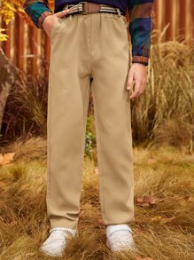 SHEIN Quần Trai Thắt lưng Nút Túi Dây kéo màu trơn Giải trí - Màu Khaki - Xem 1