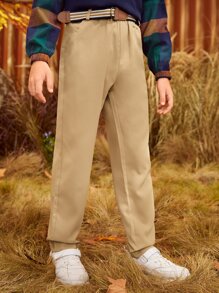 SHEIN Quần Trai Thắt lưng Nút Túi Dây kéo màu trơn Giải trí - Màu Khaki - Xem 2