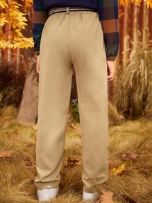 SHEIN Quần Trai Thắt lưng Nút Túi Dây kéo màu trơn Giải trí - Màu Khaki - Xem 5