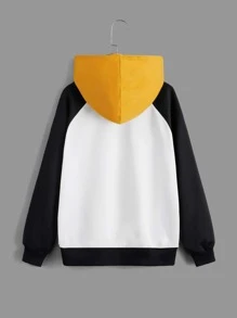 SHEIN Boys Letter Graphic Colourblock Kangaroo Pocket Raglan Sleeve Hoodie - White - View 2