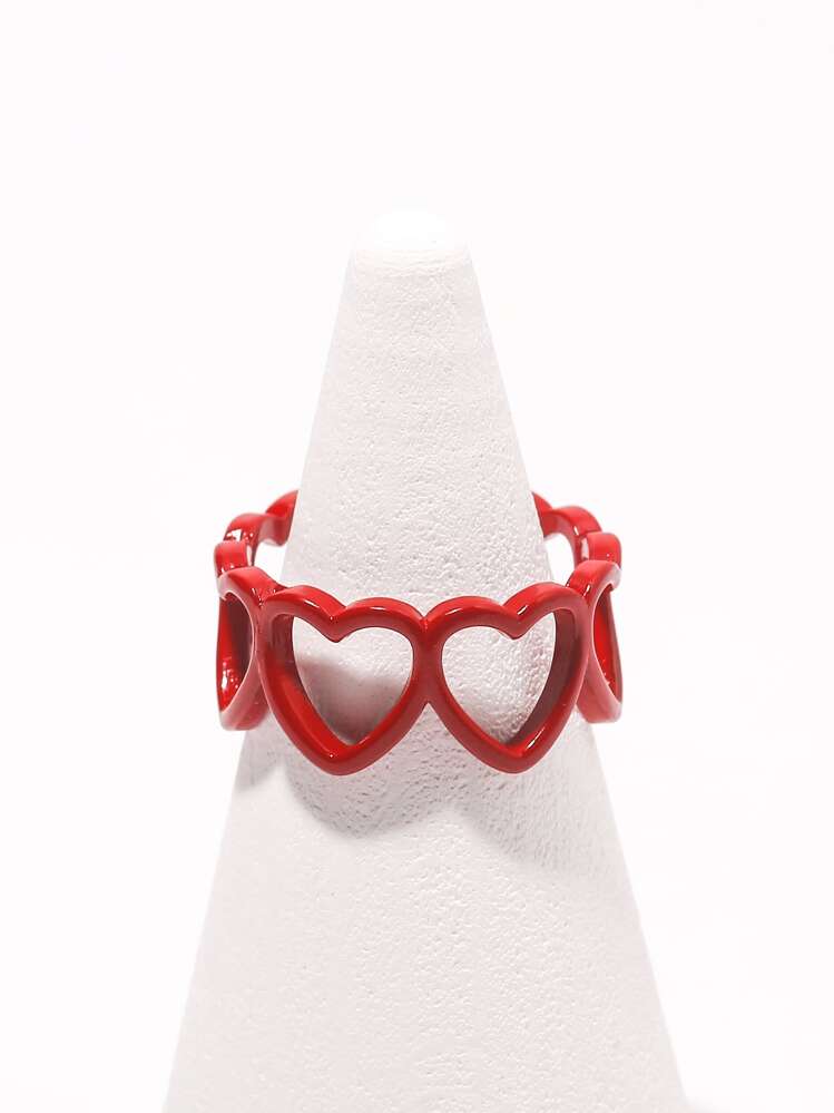 1 件装欧美风格复古合金镂空心形可调节开口戒指，适合女士、节日礼物、日常使用情人节、妈妈、母亲、母亲节、礼物 - 紅色 - 查看 5