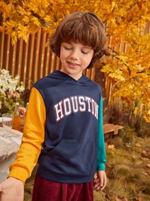 SHEIN Boys Letter Graphic Colourblock Hoodie - Navy Blue - View 3