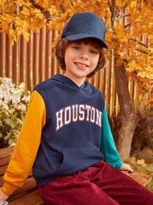 SHEIN Boys Letter Graphic Colourblock Hoodie - Navy Blue - View 4