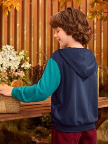 SHEIN Boys Letter Graphic Colourblock Hoodie - Navy Blue - View 5