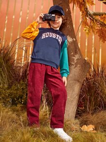 SHEIN Boys Letter Graphic Colourblock Hoodie - Navy Blue - View 6