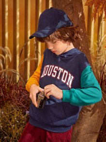 SHEIN Boys Letter Graphic Colourblock Hoodie - Navy Blue - View 7