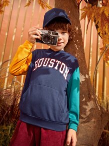 SHEIN Boys Letter Graphic Colourblock Hoodie - Navy Blue - View 8