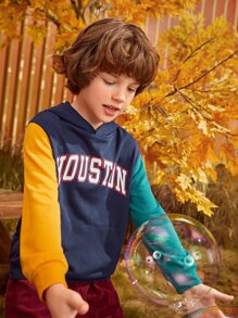 SHEIN Boys Letter Graphic Colourblock Hoodie - Navy Blue - View 10