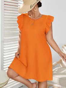 SHEIN VCAY 大碼荷葉袖直筒連衣裙 - 橘色 - 查看 1