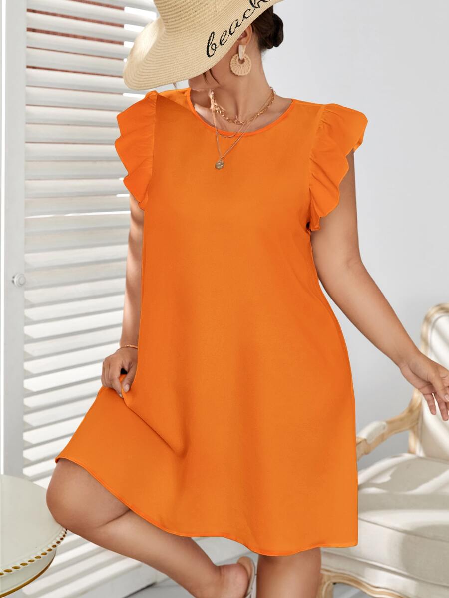 SHEIN VCAY 大碼荷葉袖直筒連衣裙 - 橘色 - 查看 1
