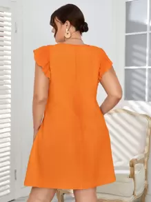 SHEIN VCAY 大碼荷葉袖直筒連衣裙 - 橘色 - 查看 2