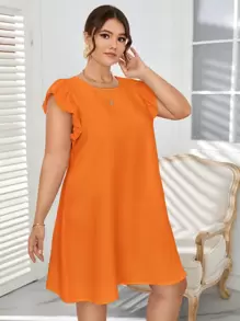 SHEIN VCAY 大碼荷葉袖直筒連衣裙 - 橘色 - 查看 6