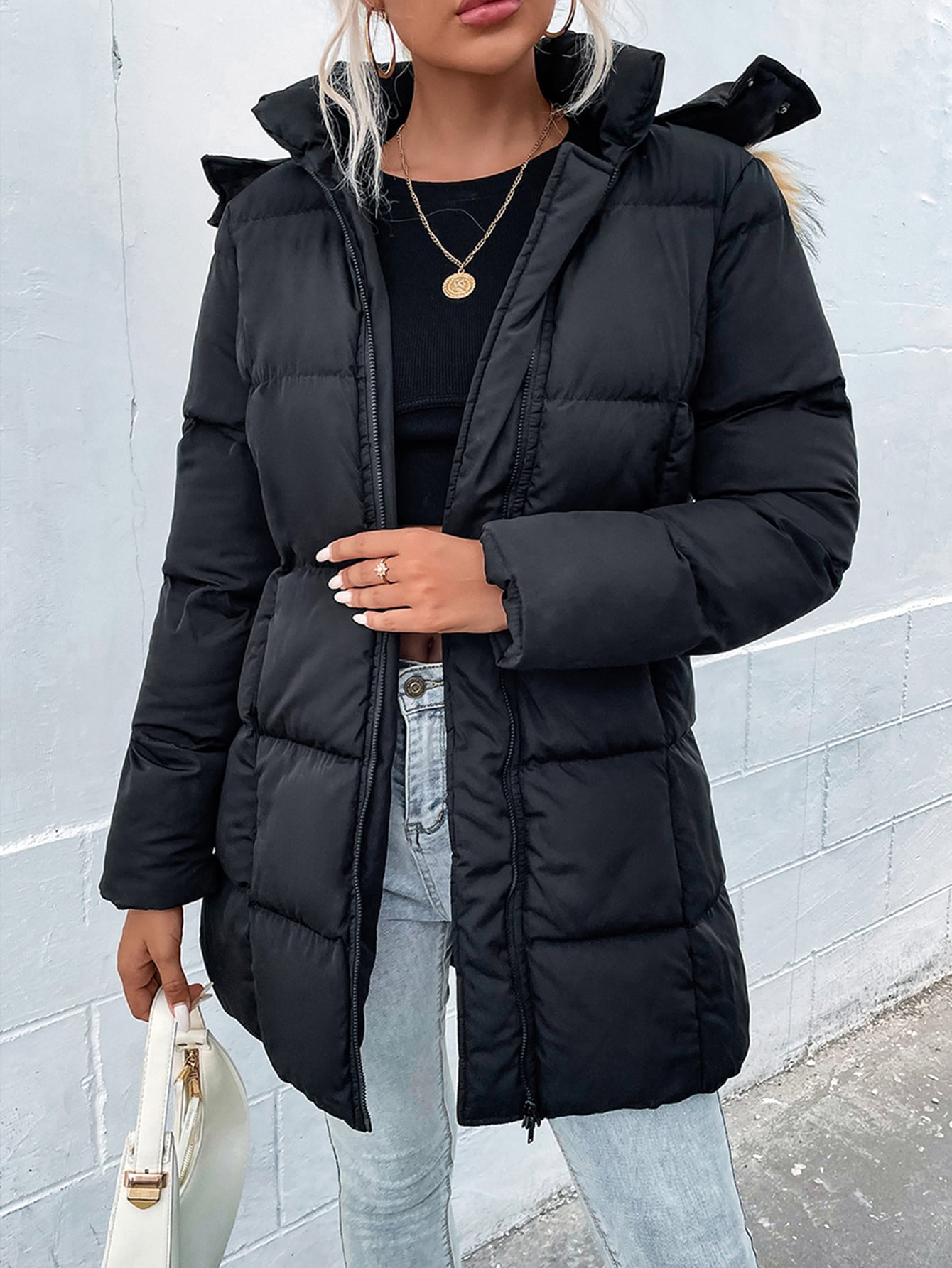 Fuzzy Trim Hooded Zipper Puffer Coat SHEIN EUR