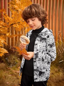 SHEIN Boys Pop Art Print Hooded Jacket - Black and White - View 8