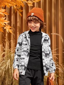 SHEIN Boys Pop Art Print Hooded Jacket - Black and White - View 9