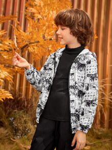 SHEIN Boys Pop Art Print Hooded Jacket - Black and White - View 10