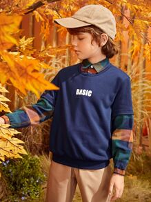 SHEIN 男孩格紋和字母圖案假兩件套頭衫 - 藏蓝色 - 查看 3