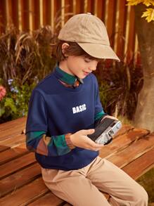 SHEIN 男孩格紋和字母圖案假兩件套頭衫 - 藏蓝色 - 查看 4