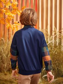 SHEIN 男孩格紋和字母圖案假兩件套頭衫 - 藏蓝色 - 查看 5