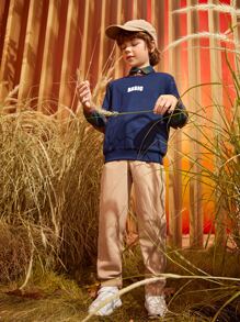 SHEIN 男孩格紋和字母圖案假兩件套頭衫 - 藏蓝色 - 查看 6