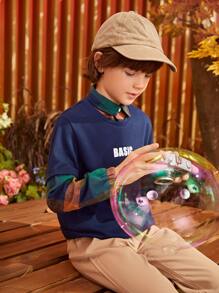 SHEIN 男孩格紋和字母圖案假兩件套頭衫 - 藏蓝色 - 查看 7