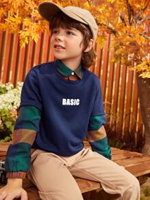 SHEIN 男孩格紋和字母圖案假兩件套頭衫 - 藏蓝色 - 查看 8