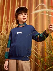 SHEIN 男孩格紋和字母圖案假兩件套頭衫 - 藏蓝色 - 查看 9