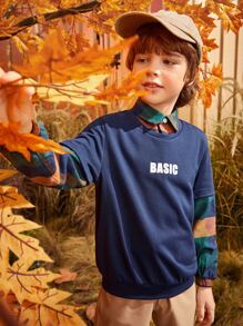 SHEIN 男孩格紋和字母圖案假兩件套頭衫 - 藏蓝色 - 查看 10