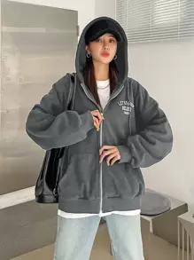 DAZY Slogan Graphic Drop Shoulder Zipper Drawstring Hooded Fleece Jacket,Fall Women Clothes - Light Grey - View 3