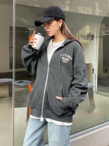 DAZY Slogan Graphic Drop Shoulder Zipper Drawstring Hooded Fleece Jacket,Fall Women Clothes - Light Grey - View 4